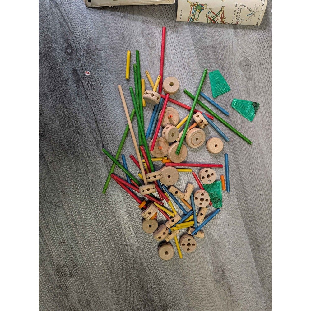 Vintage Tinkertoy Major No. 136 Wood Construction Building Toy Set w/ Guide